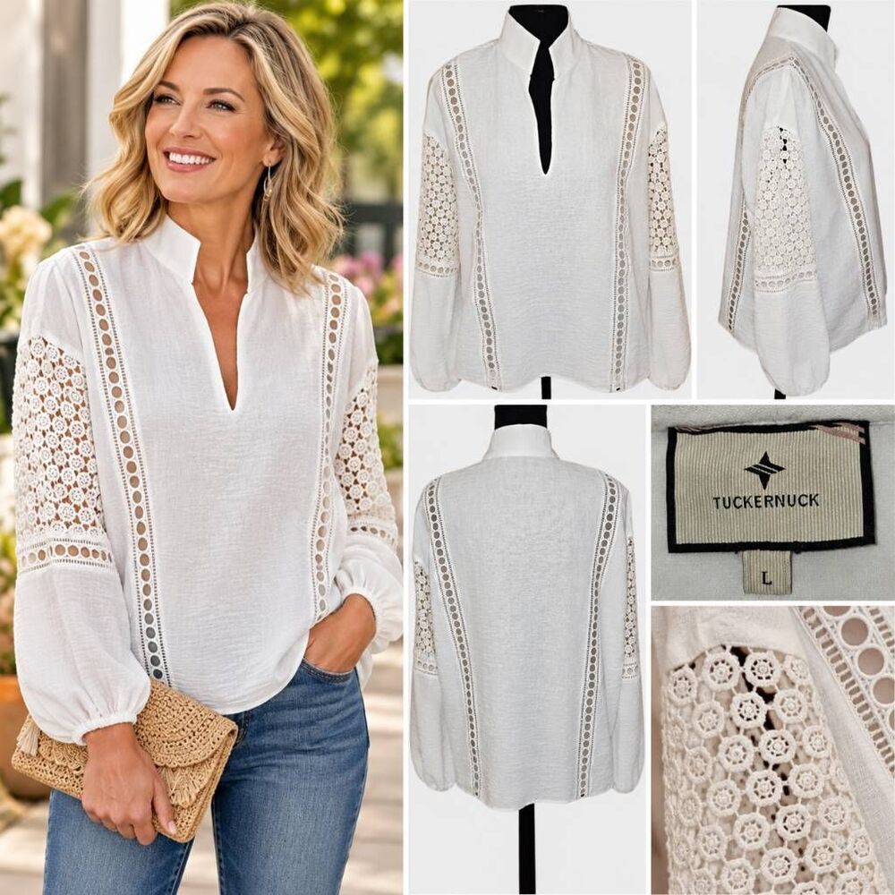 Tuckernuck Womens White Eyelet Crochet Lace Balloon Sleeve Blouse Large